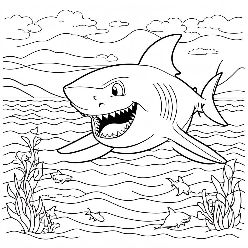 "Shark Swirling Seaweed Fun" coloring page from shark theme - free printable line art for kids and adults