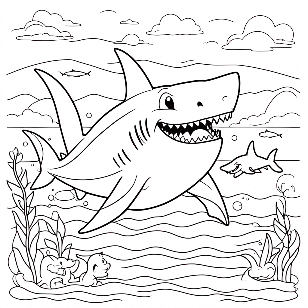 Shark Swimming in Coral Reef coloring page from shark theme - free printable line art for kids and adults