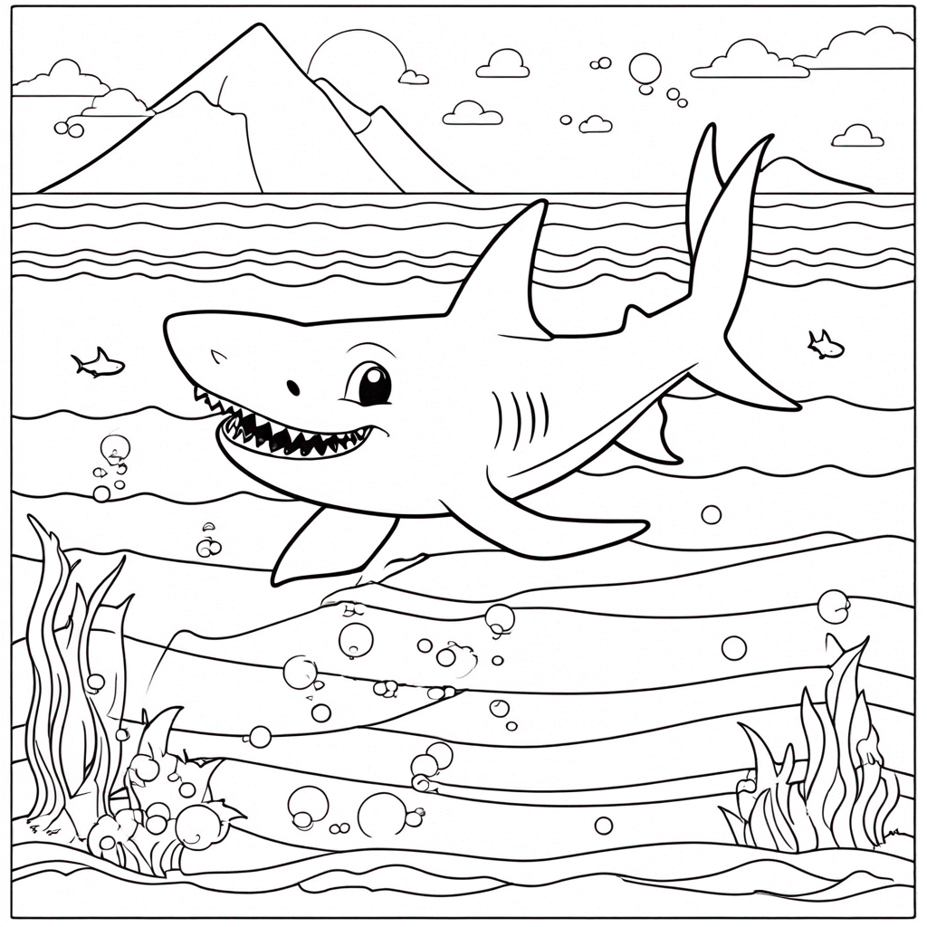 Shark Swimming in Coral Reef coloring page from shark theme - free printable line art for kids and adults