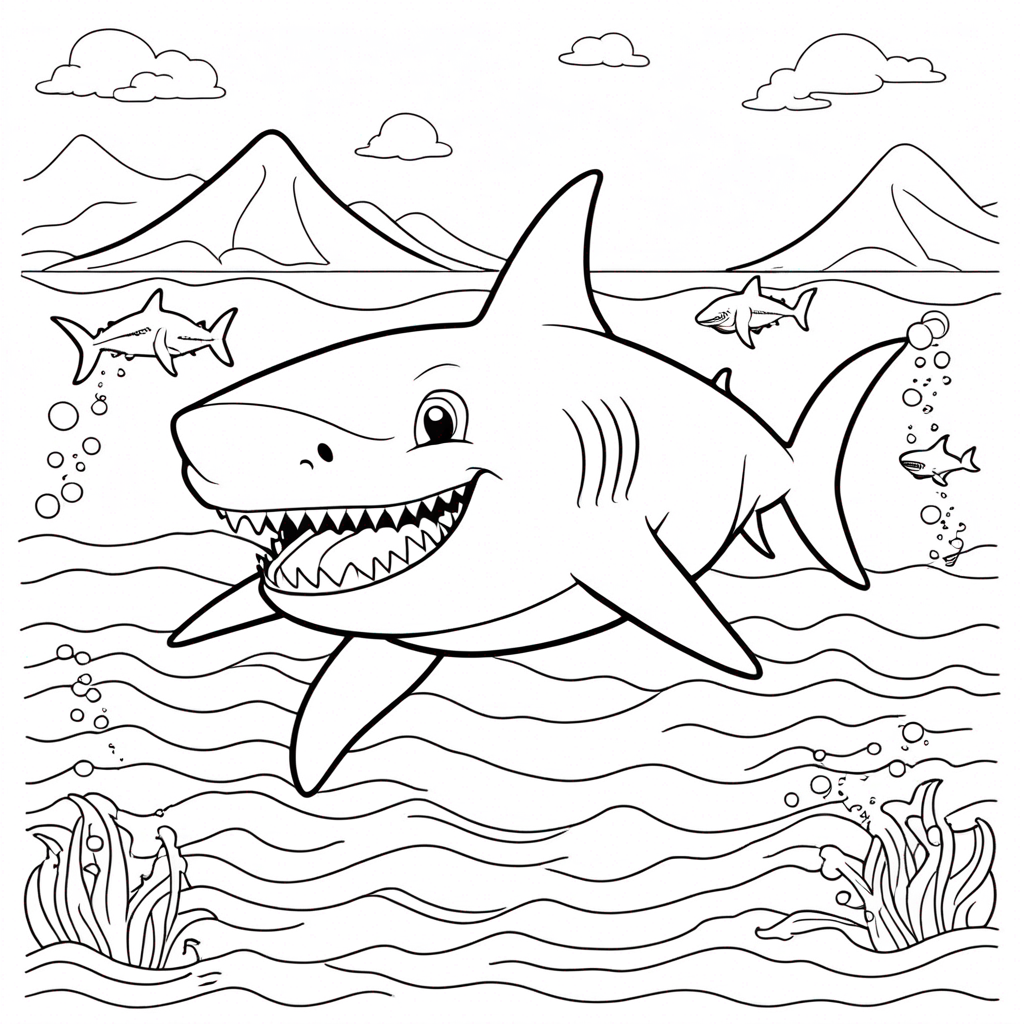 Shark Splashing at the Beach coloring page from shark theme - free printable line art for kids and adults