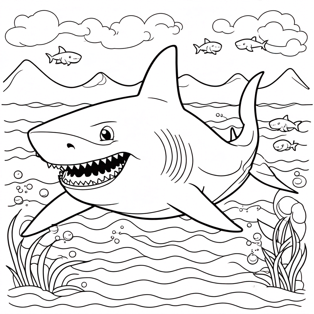 Shark Swimming in Colorful Coral coloring page from shark theme - free printable line art for kids and adults