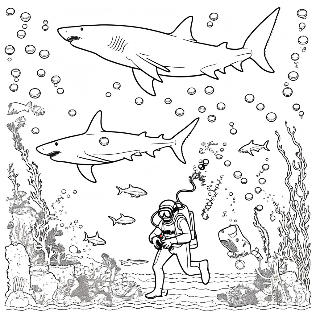Curious shark exploring sunken ship. coloring page from shark theme - free printable line art for kids and adults
