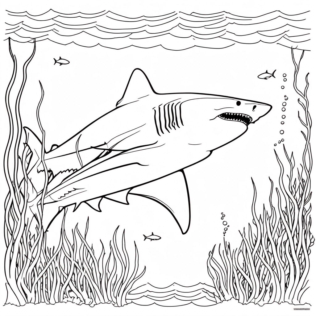 "Shark Hunting in Kelp Forest" coloring page from shark theme - free printable line art for kids and adults