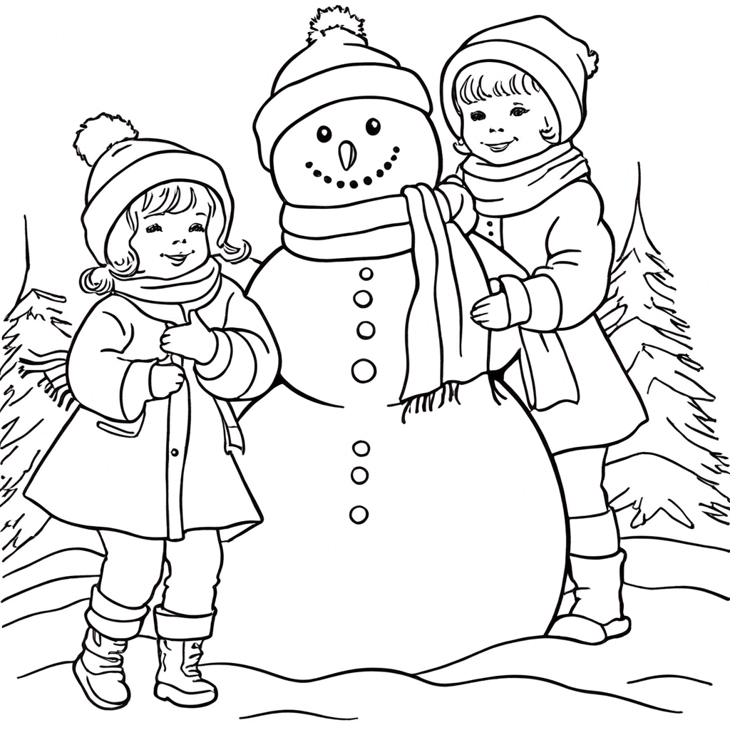 children with a snowman coloring page from snowman theme - free printable line art for kids and adults
