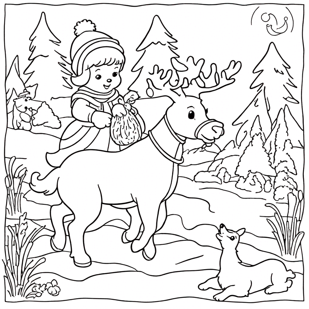 Frosty playing with animals coloring page from snowman theme - free printable line art for kids and adults