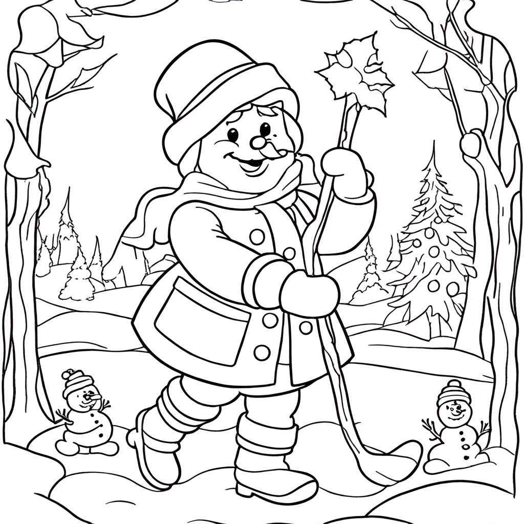 Playful Frosty coloring page from snowman theme - free printable line art for kids and adults