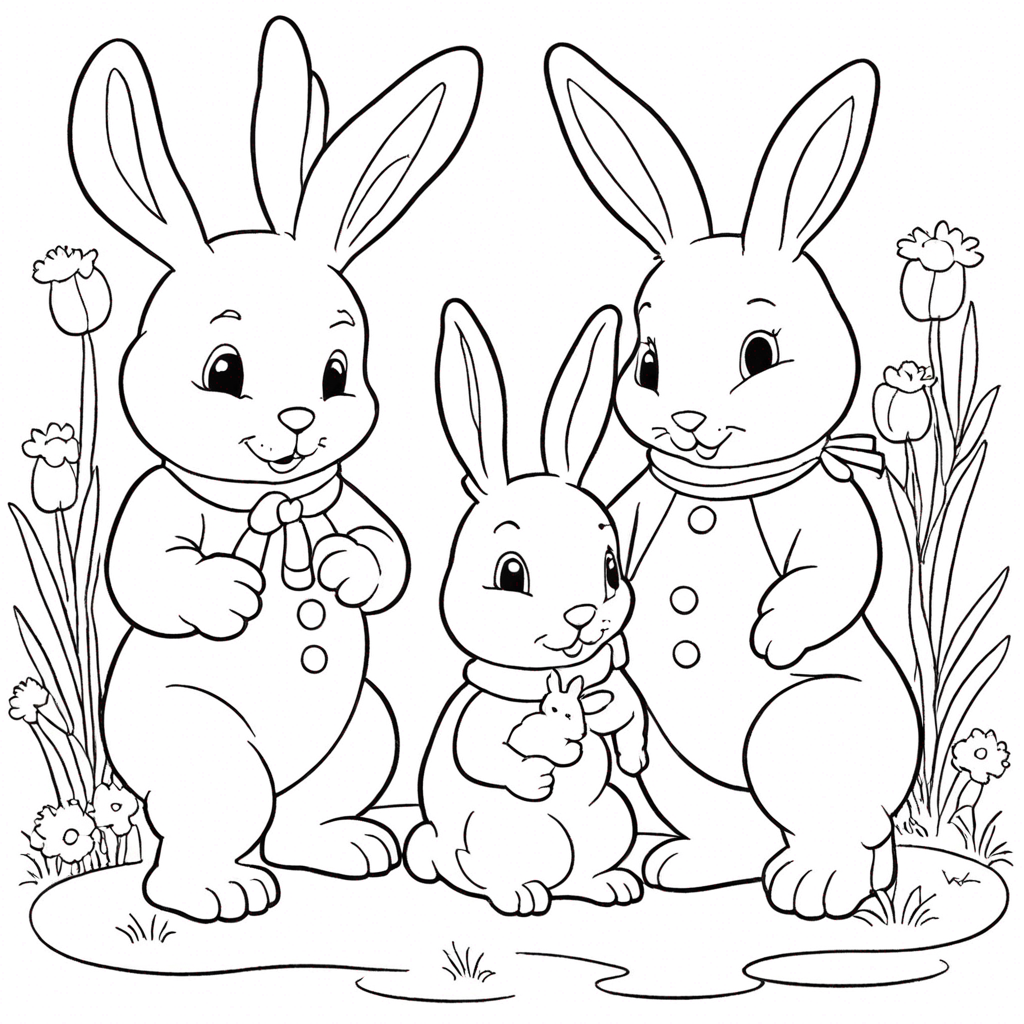 Playful Frosty with rabbits coloring page from snowman theme - free printable line art for kids and adults