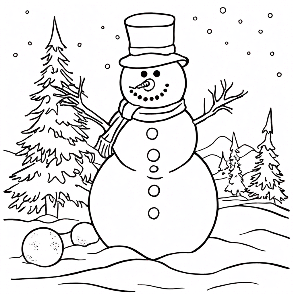 Snowman Rolling Snowballs coloring page from snowman theme - free printable line art for kids and adults