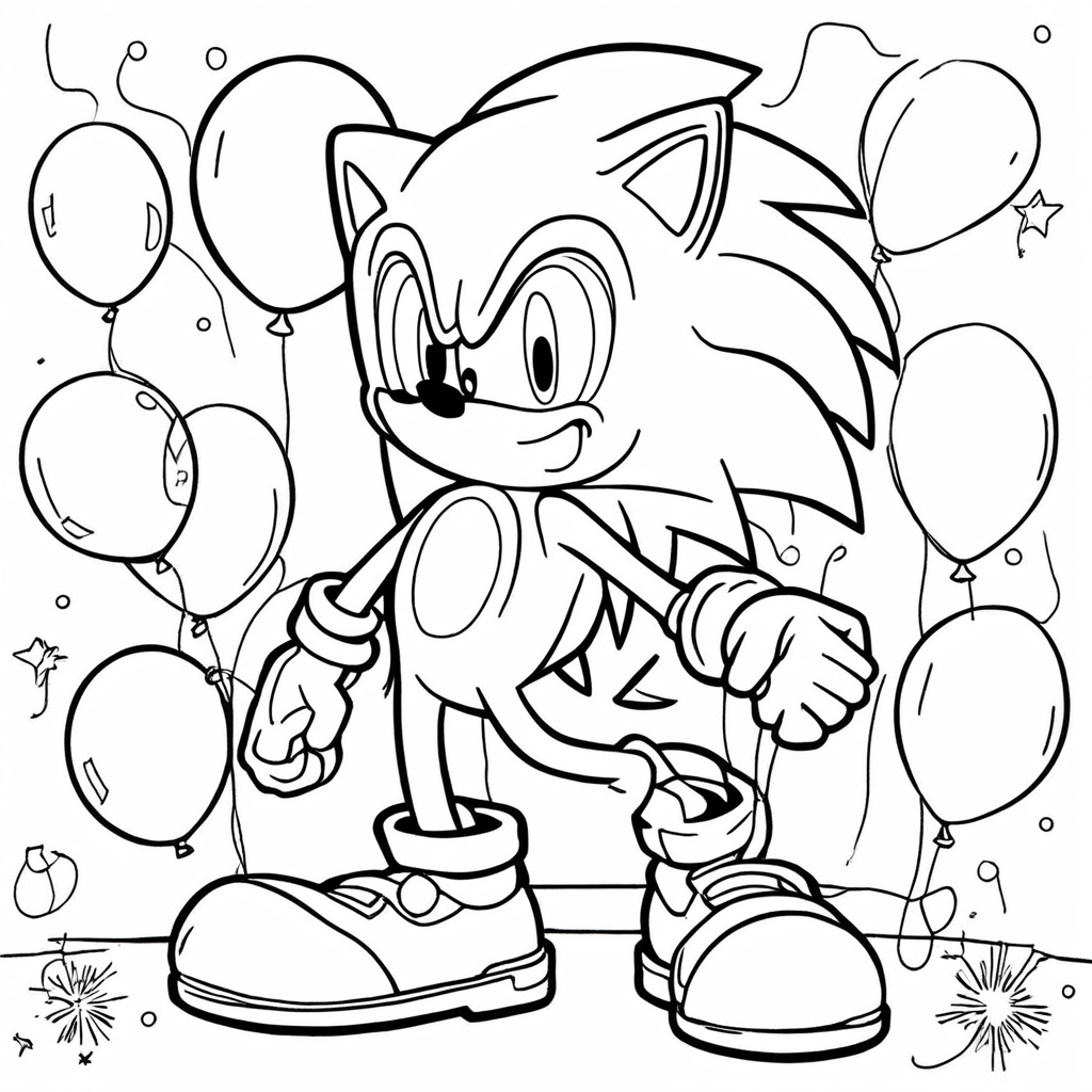 Sonic Celebrating with Festive Balloons coloring page from Sonic the Hedgehog theme - free printable line art for kids and adults
