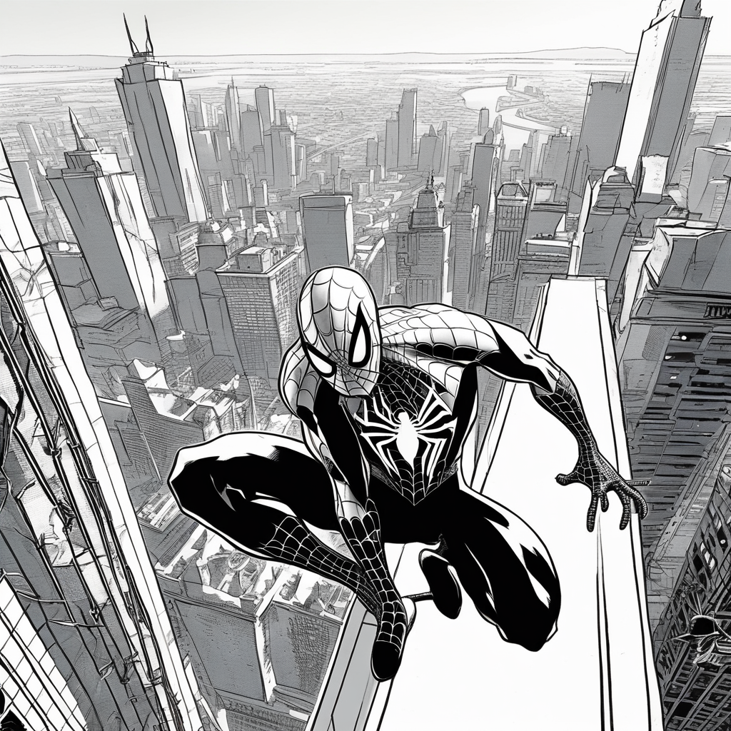 spiderman Surveying City from Above coloring page from spiderman theme - free printable line art for kids and adults