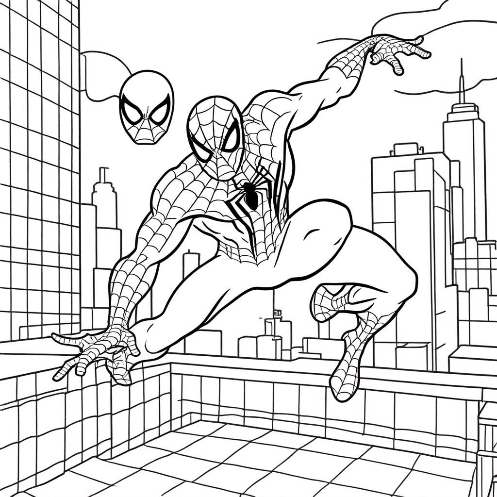"Spiderman Swinging in the City" coloring page from spiderman theme - free printable line art for kids and adults