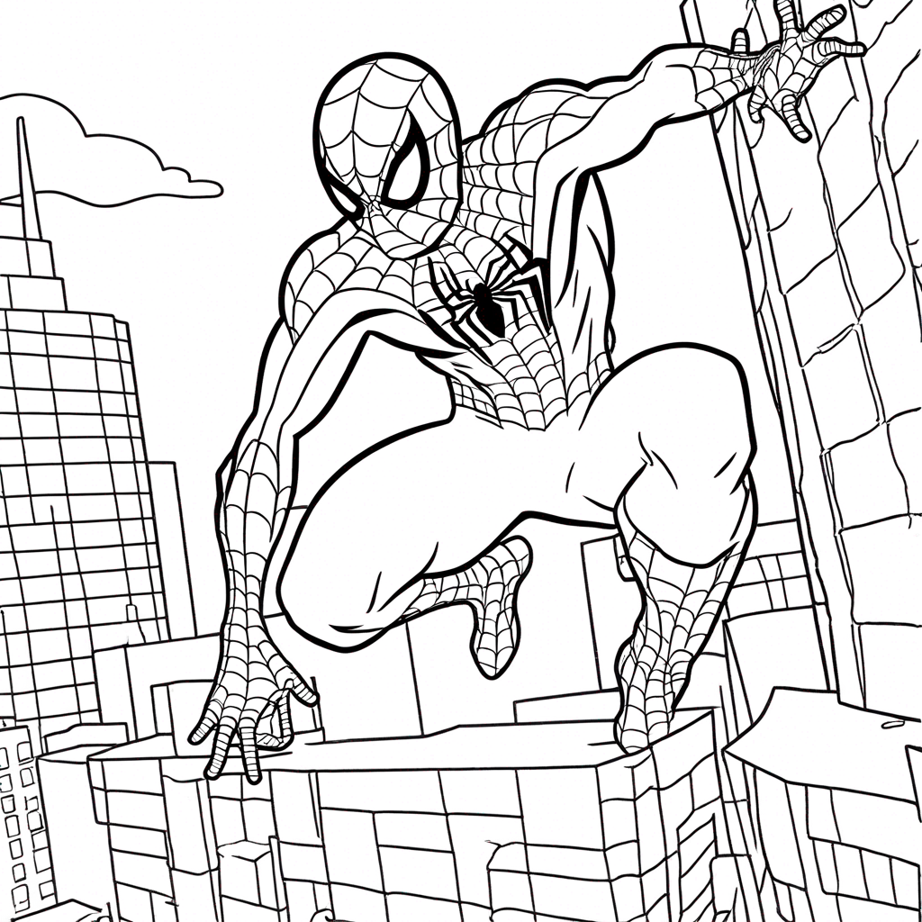 Spiderman Swinging Through City Skyscrapers coloring page from spiderman theme - free printable line art for kids and adults