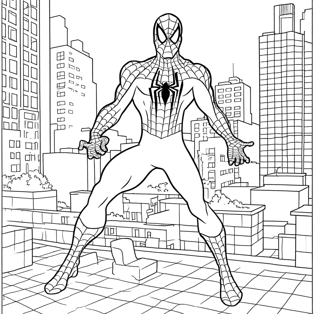 "Spiderman Swinging in City" coloring page from spiderman theme - free printable line art for kids and adults