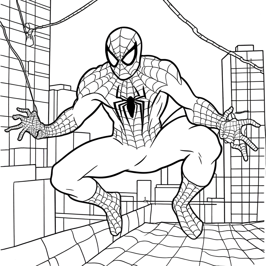 Spiderman Swinging Through City coloring page from spiderman theme - free printable line art for kids and adults