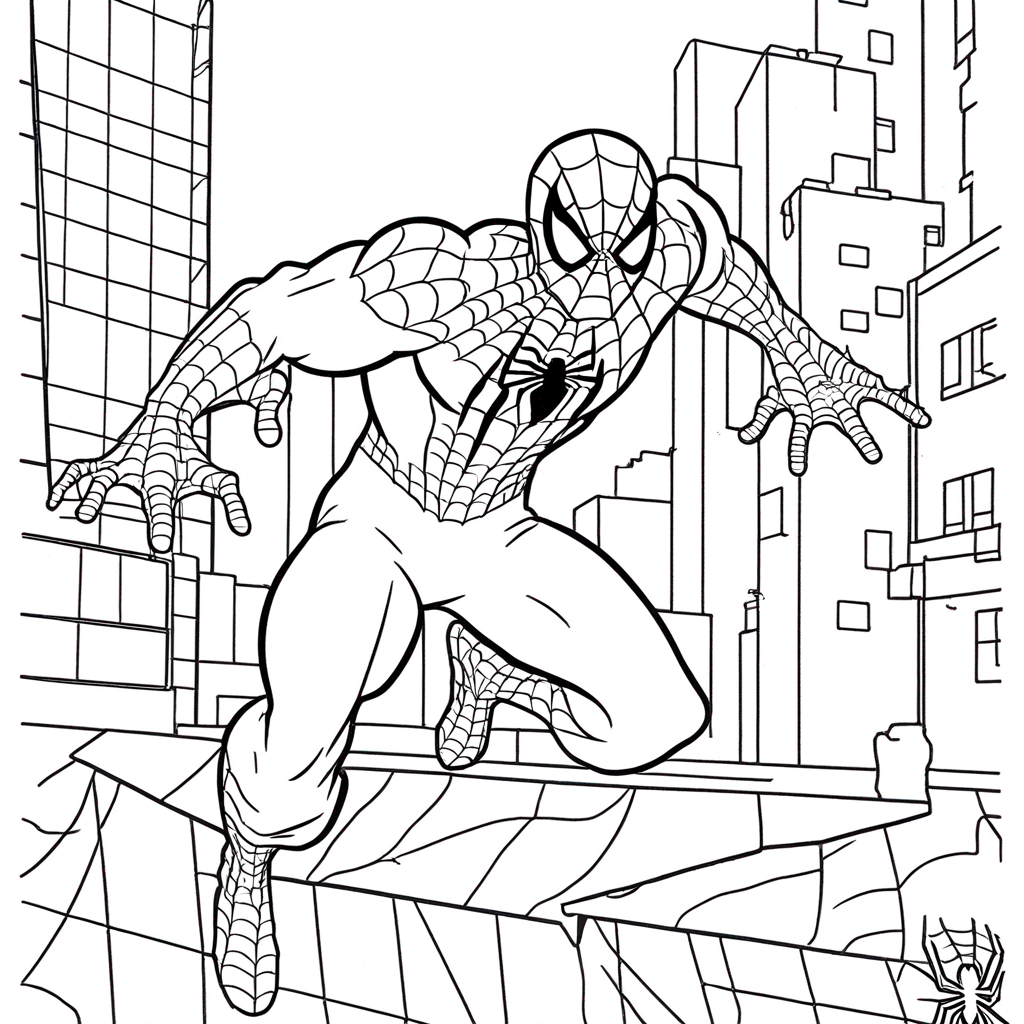 "spiderman Swinging Through City Streets" coloring page from spiderman theme - free printable line art for kids and adults