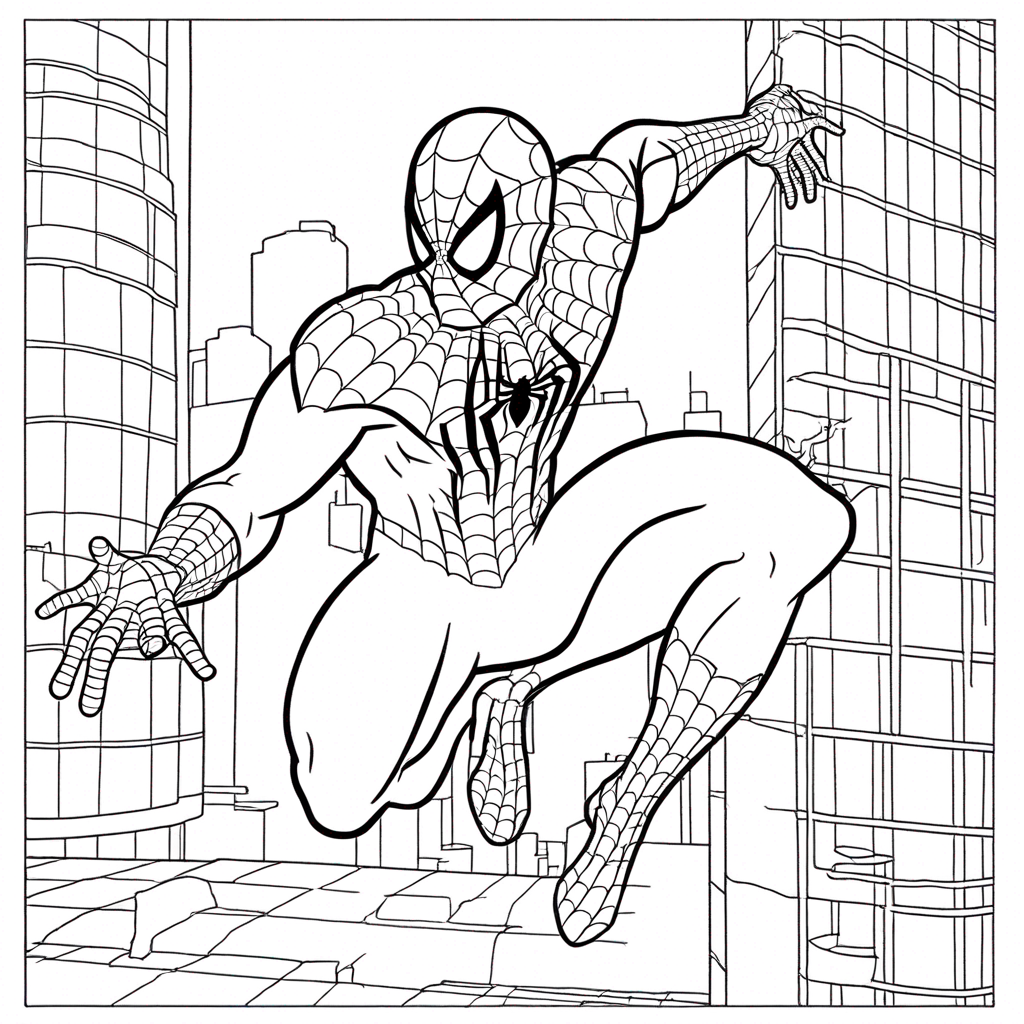 "Spiderman Swinging in City" coloring page from spiderman theme - free printable line art for kids and adults