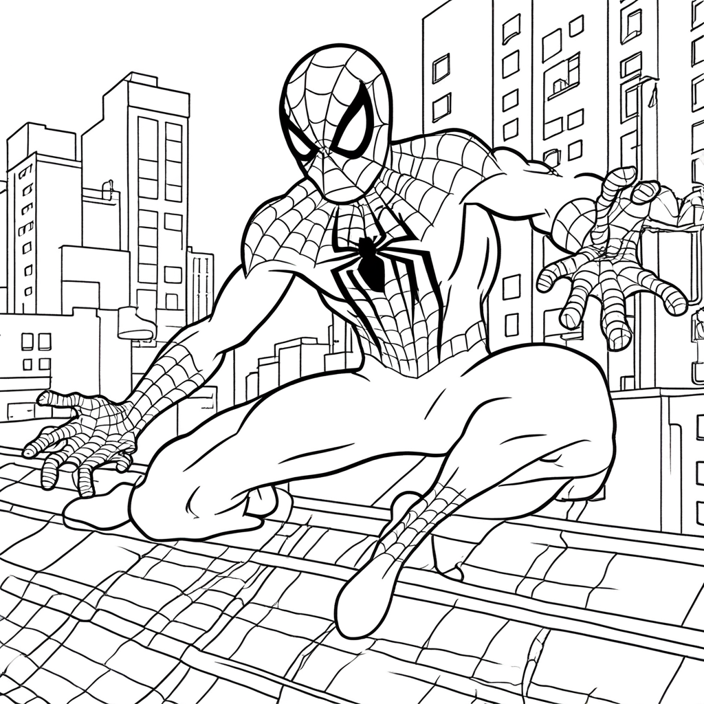 "Spiderman Swinging in City" coloring page from spiderman theme - free printable line art for kids and adults