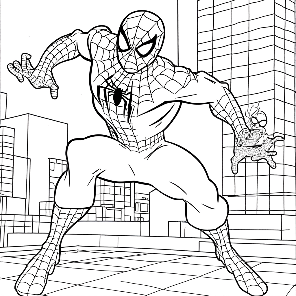 Spiderman Swinging Across City coloring page from spiderman theme - free printable line art for kids and adults