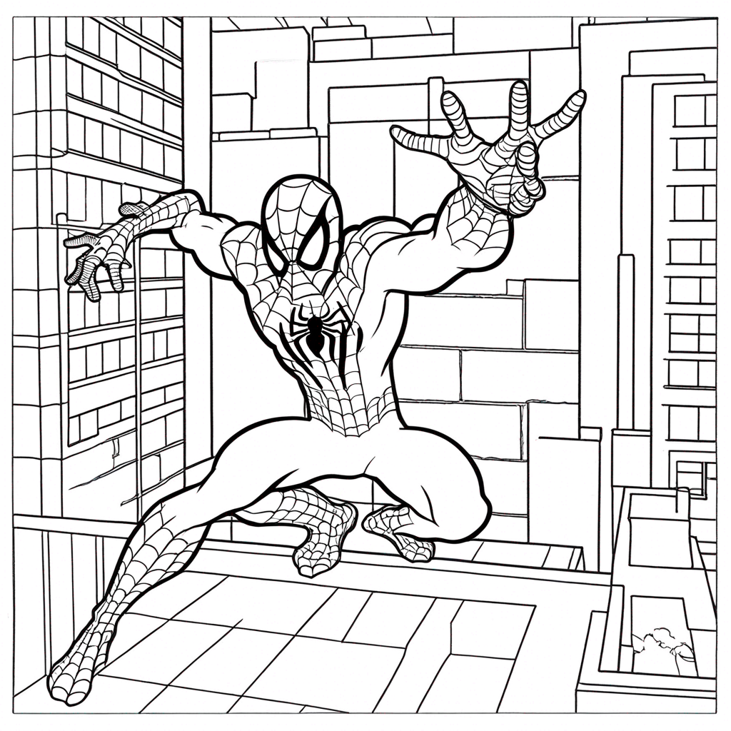 Spiderman Swinging in Cityscape Adventure coloring page from spiderman theme - free printable line art for kids and adults
