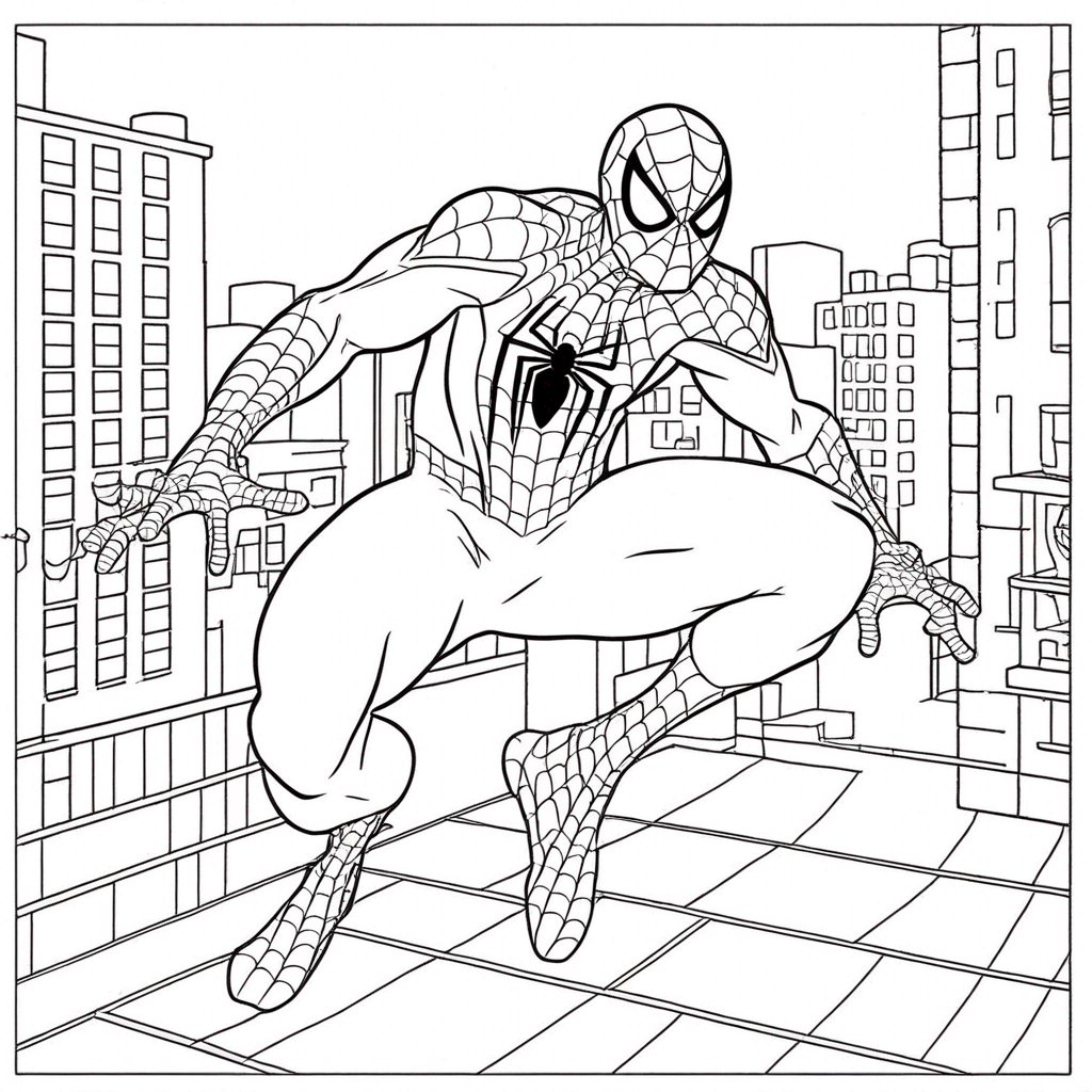 Spiderman Swinging Through City coloring page from spiderman theme - free printable line art for kids and adults
