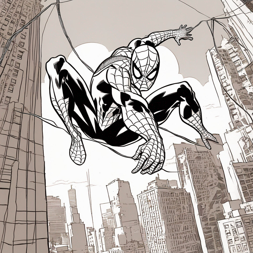 "Spiderman Leaping Out of Page" coloring page from spiderman theme - free printable line art for kids and adults