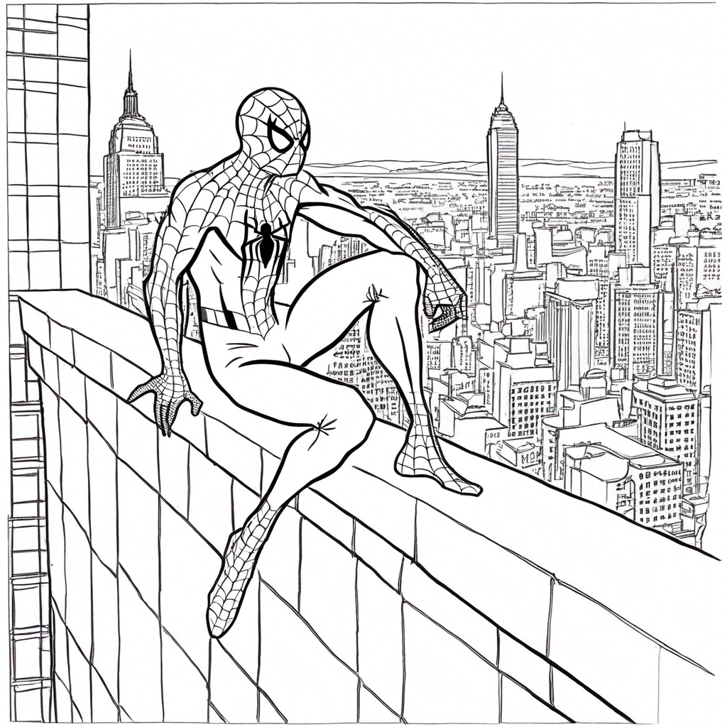 Spiderman Relaxing on City Ledge. coloring page from spiderman theme - free printable line art for kids and adults