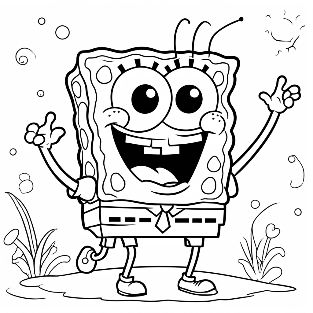 Joyful SpongeBob Holding Balloons High coloring page from SpongeBob SquarePants theme - free printable line art for kids and adults