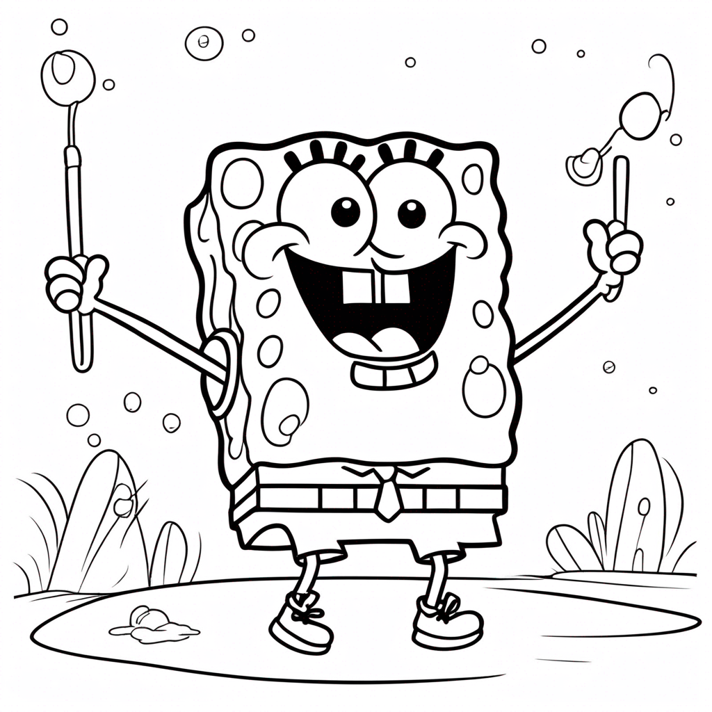 Cheerful Spongebob Holding Jellyfish coloring page from SpongeBob SquarePants theme - free printable line art for kids and adults