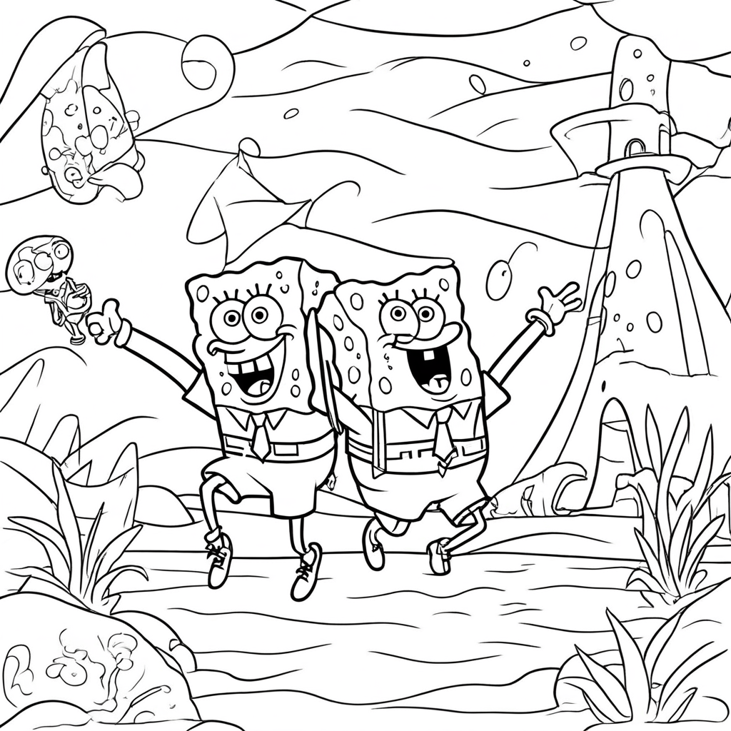 SpongeBob Exploring Underwater Treasure coloring page from SpongeBob SquarePants theme - free printable line art for kids and adults