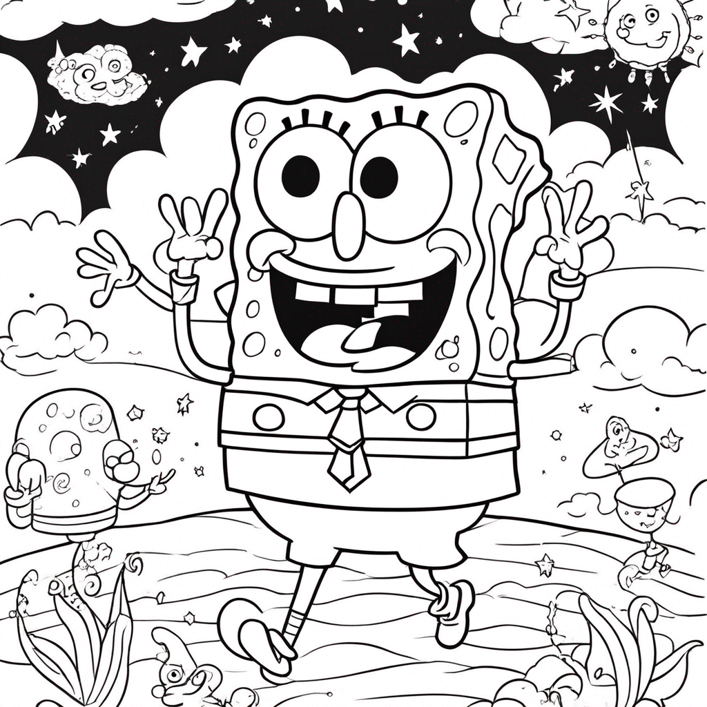 Spongebob Soaring Among Stars coloring page from SpongeBob SquarePants theme - free printable line art for kids and adults