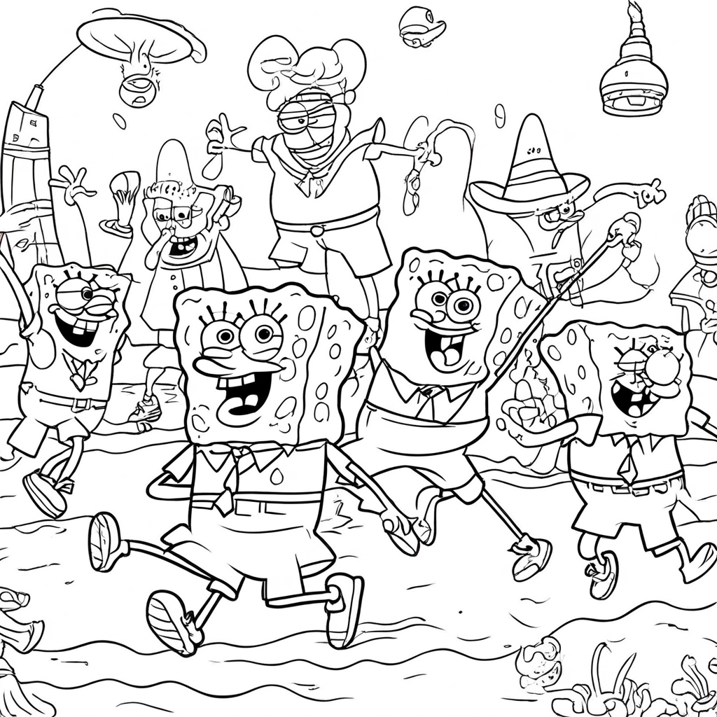 SpongeBob Laughing with Sea Creatures coloring page from SpongeBob SquarePants theme - free printable line art for kids and adults
