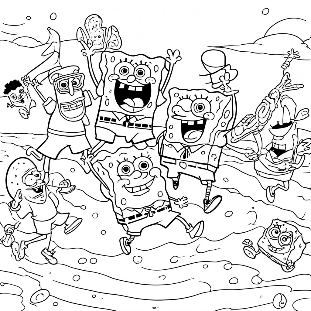 Spongebob Laughing with Sea Friends coloring page from SpongeBob SquarePants theme - free printable line art for kids and adults