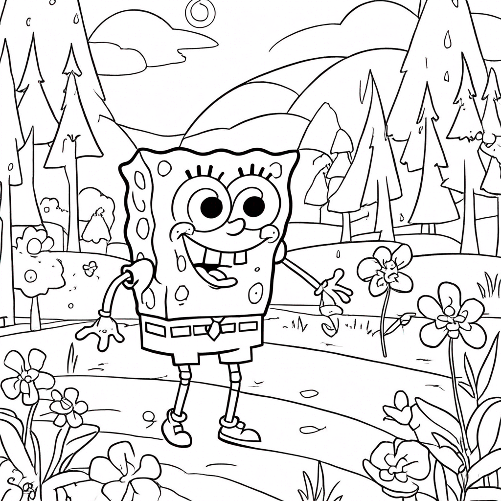 Spongebob Exploring Blooming Forest Scene coloring page from SpongeBob SquarePants theme - free printable line art for kids and adults