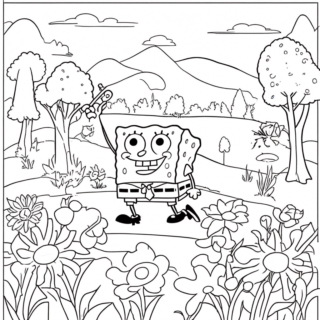 "Spongebob Exploring Enchanted Forest Clearing" coloring page from SpongeBob SquarePants theme - free printable line art for kids and adults