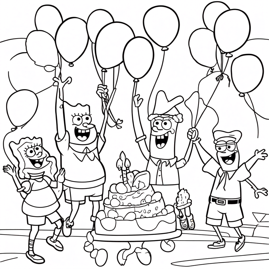 "Spongebob Partying with Colorful Balloons" coloring page from SpongeBob SquarePants theme - free printable line art for kids and adults