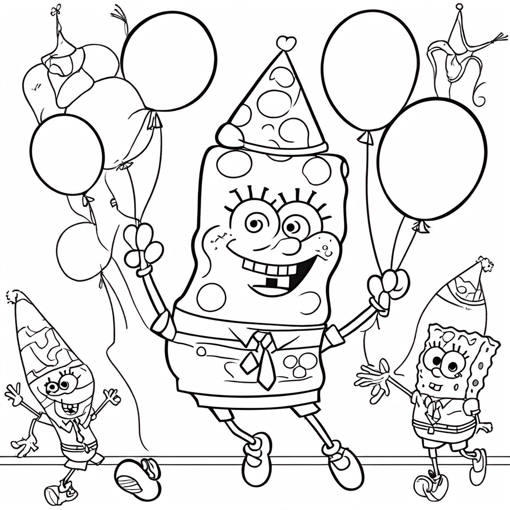 "Spongebob Dancing with Balloons" coloring page from SpongeBob SquarePants theme - free printable line art for kids and adults