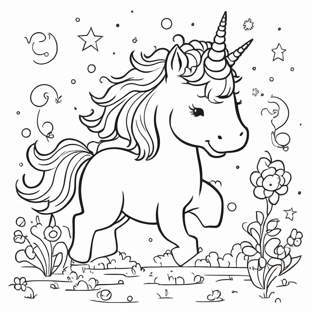 Cheerful Unicorn Galloping in Meadow coloring page from Unicorn theme - free printable line art for kids and adults