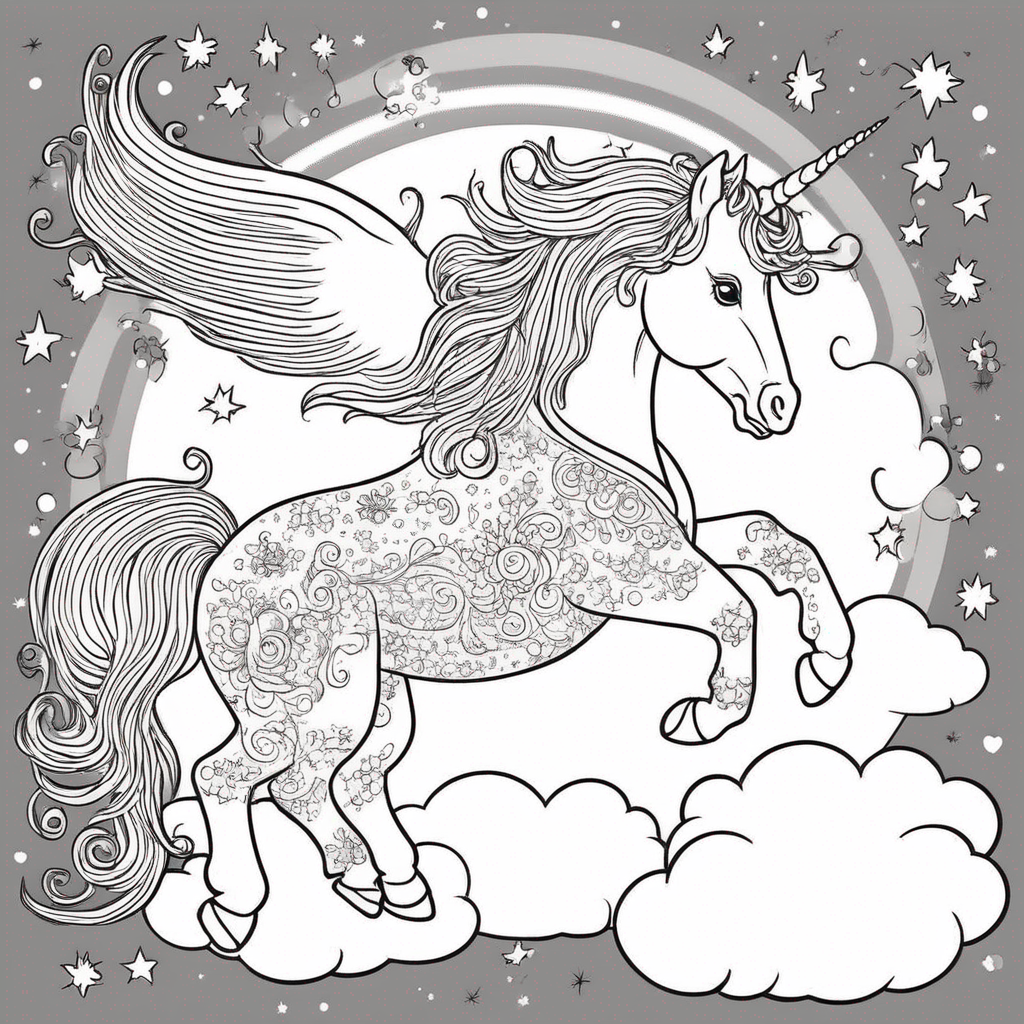 "Unicorn Soaring Above Sparkling Rainbow" coloring page from Unicorn theme - free printable line art for kids and adults