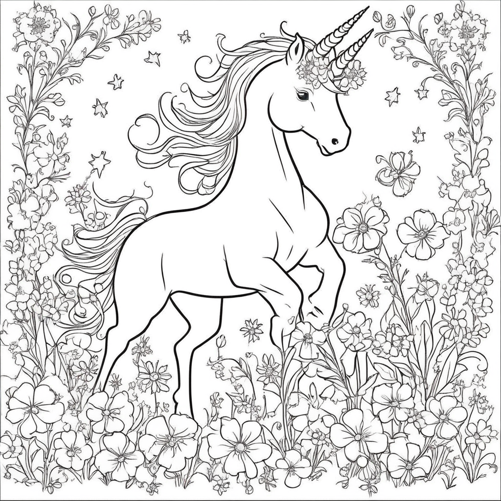 "Unicorn Dancing in Enchanted Garden" coloring page from Unicorn theme - free printable line art for kids and adults