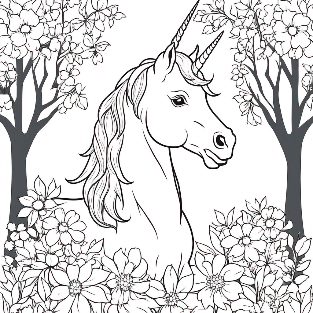 "Unicorn Dancing Among Blooming Flowers" coloring page from Unicorn theme - free printable line art for kids and adults