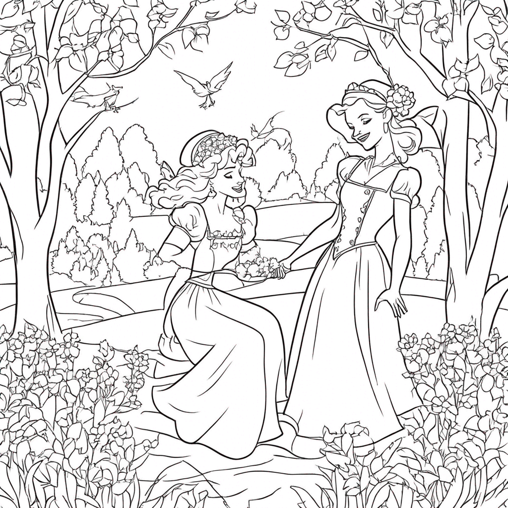 Whimsical Fairies Amidst Blooming coloring page from Wicked theme - free printable line art for kids and adults
