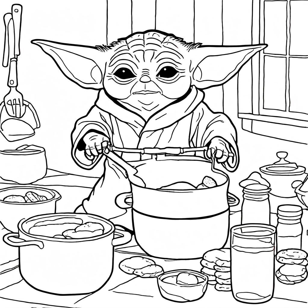 Baby Yoda Baking Cookies Kitchen coloring page from yoda theme - free printable line art for kids and adults