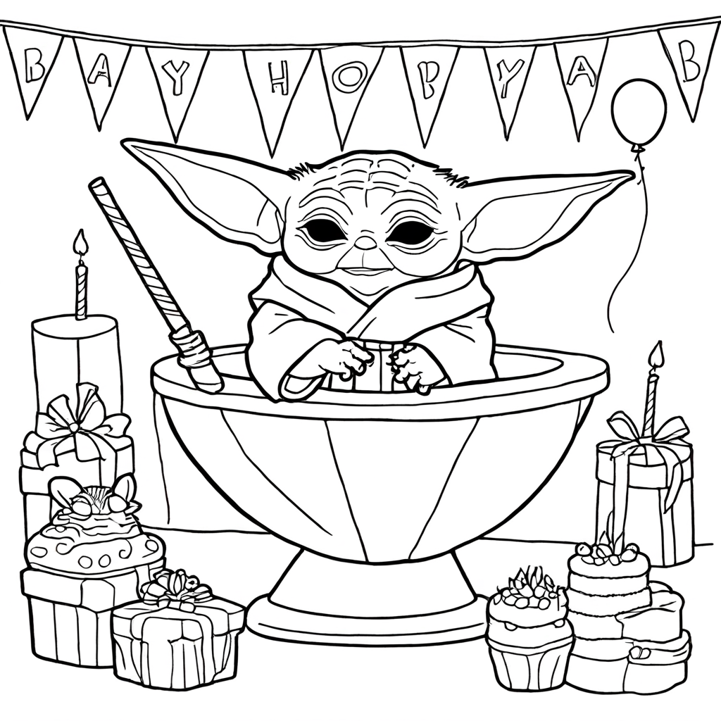 Baby Yoda Birthday Party Celebration coloring page from yoda theme - free printable line art for kids and adults