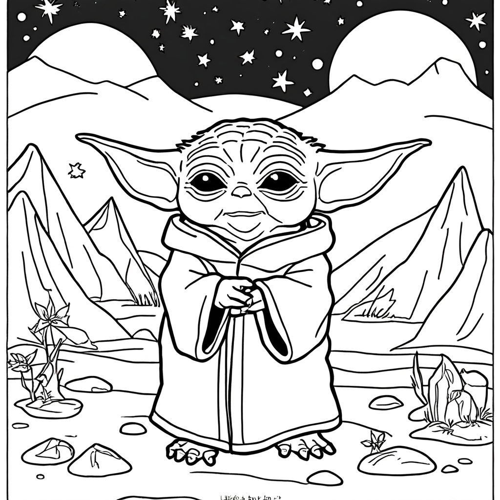 Baby Yoda Camping Under Stars coloring page from yoda theme - free printable line art for kids and adults