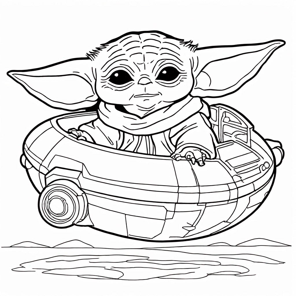Baby Yoda Flying Spaceship Adventure coloring page from yoda theme - free printable line art for kids and adults