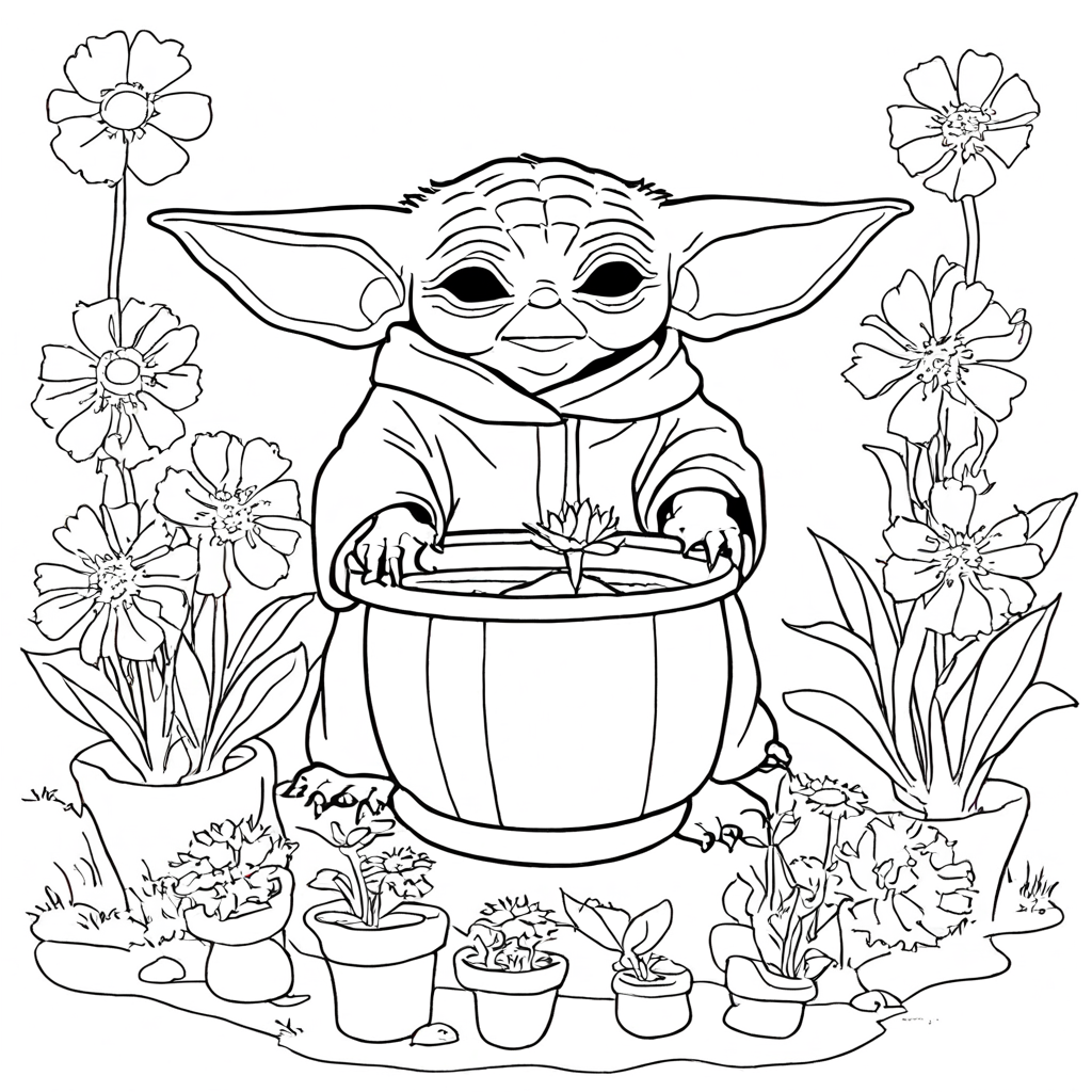 Baby Yoda Gardening with Flowers coloring page from yoda theme - free printable line art for kids and adults