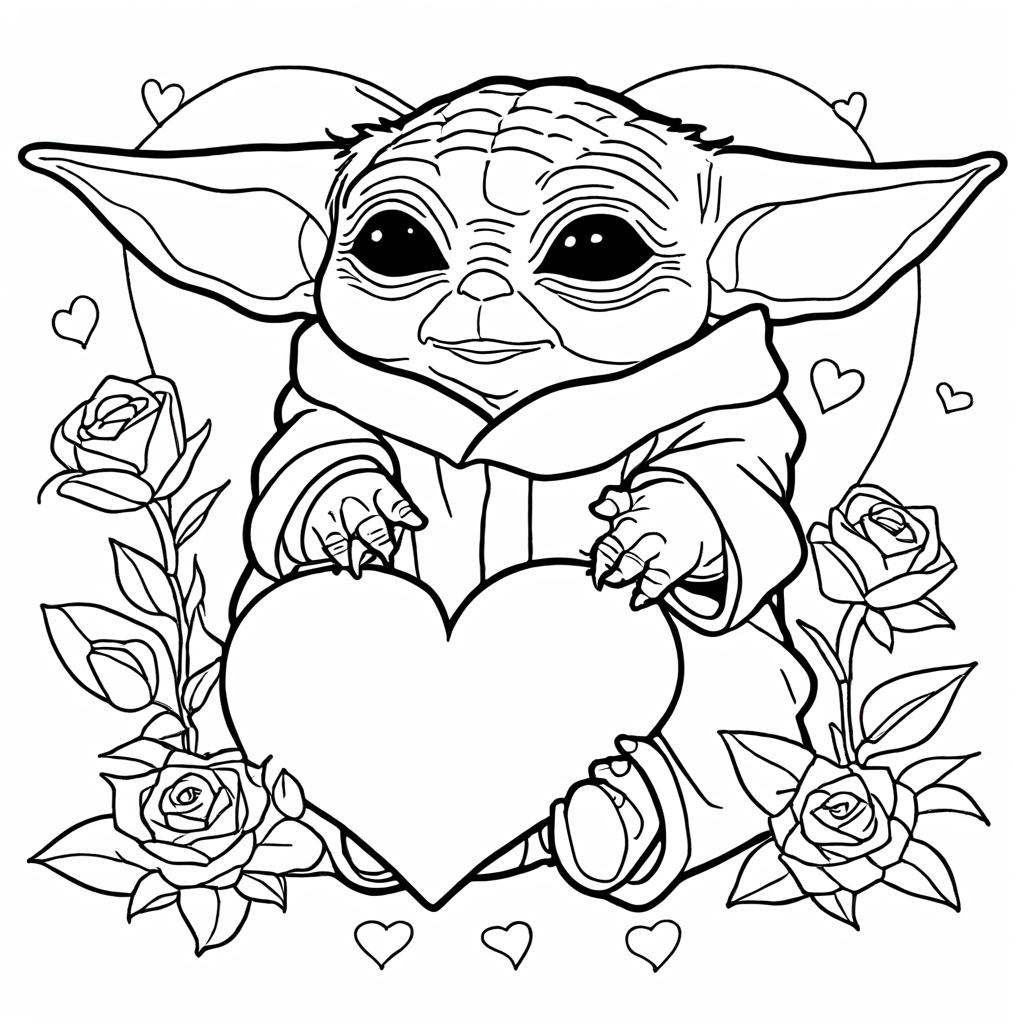 Baby Yoda Valentine Heart Art coloring page from yoda theme - free printable line art for kids and adults