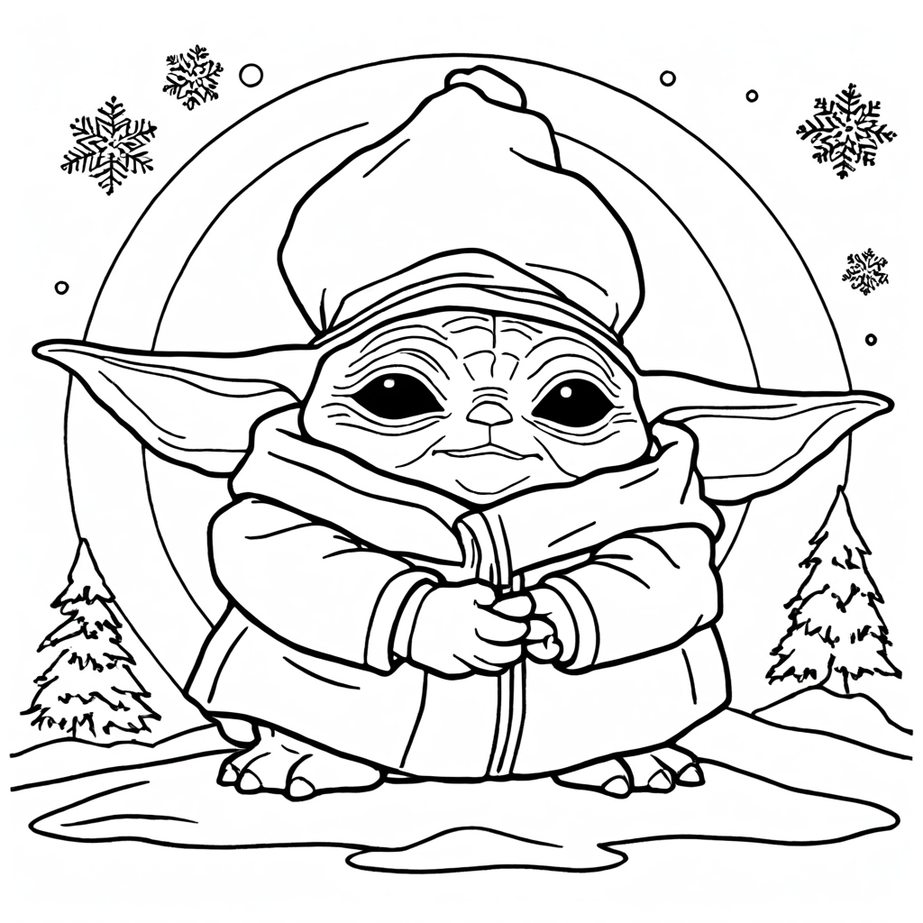 Baby Yoda Winter Snowman Drawing coloring page from yoda theme - free printable line art for kids and adults