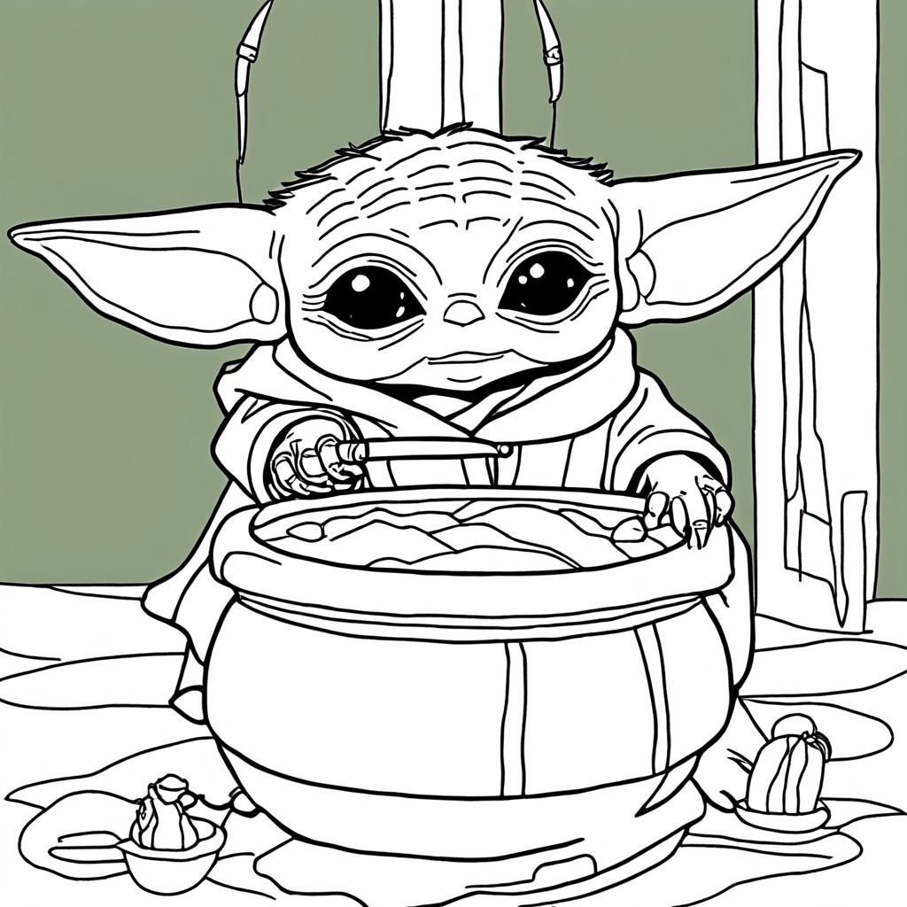 Stitch Giving Baby Yoda a Gift coloring page from yoda theme - free printable line art for kids and adults