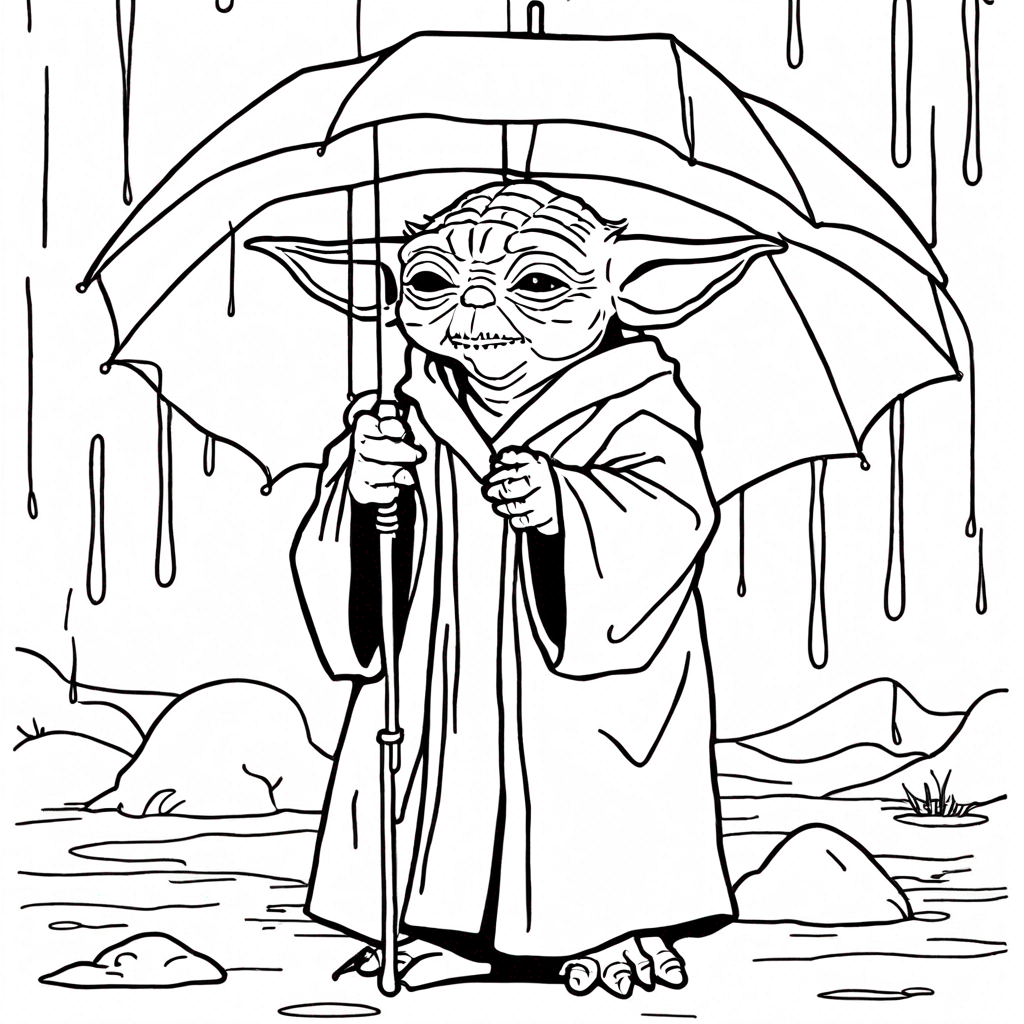 Yoda Rainy Day Umbrella Art coloring page from yoda theme - free printable line art for kids and adults